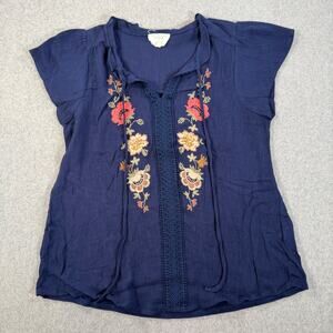 Flower & Feather Gauzy Floral Embroidered Blouse Women's 2XL Navy Blue Boho